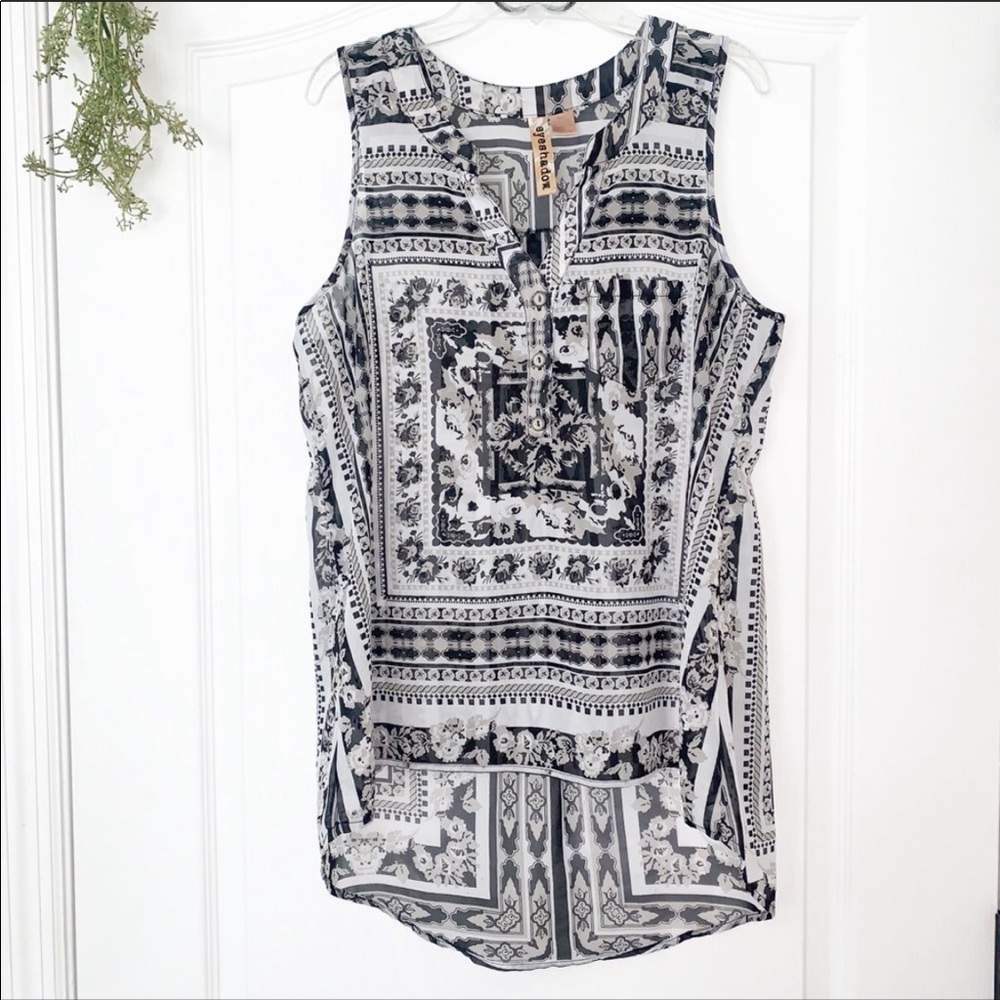 Eyeshadow Black and White Sheer High Low Blouse